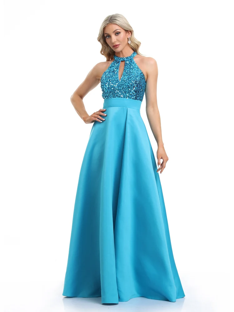 فساتين سهرة أنيقة برقبة دائرية بالترتر الأزرق طويلة فاخرة للنساء من التل بدون أكمام لحفلات الزفاف وحفلات الكوكتيل #6