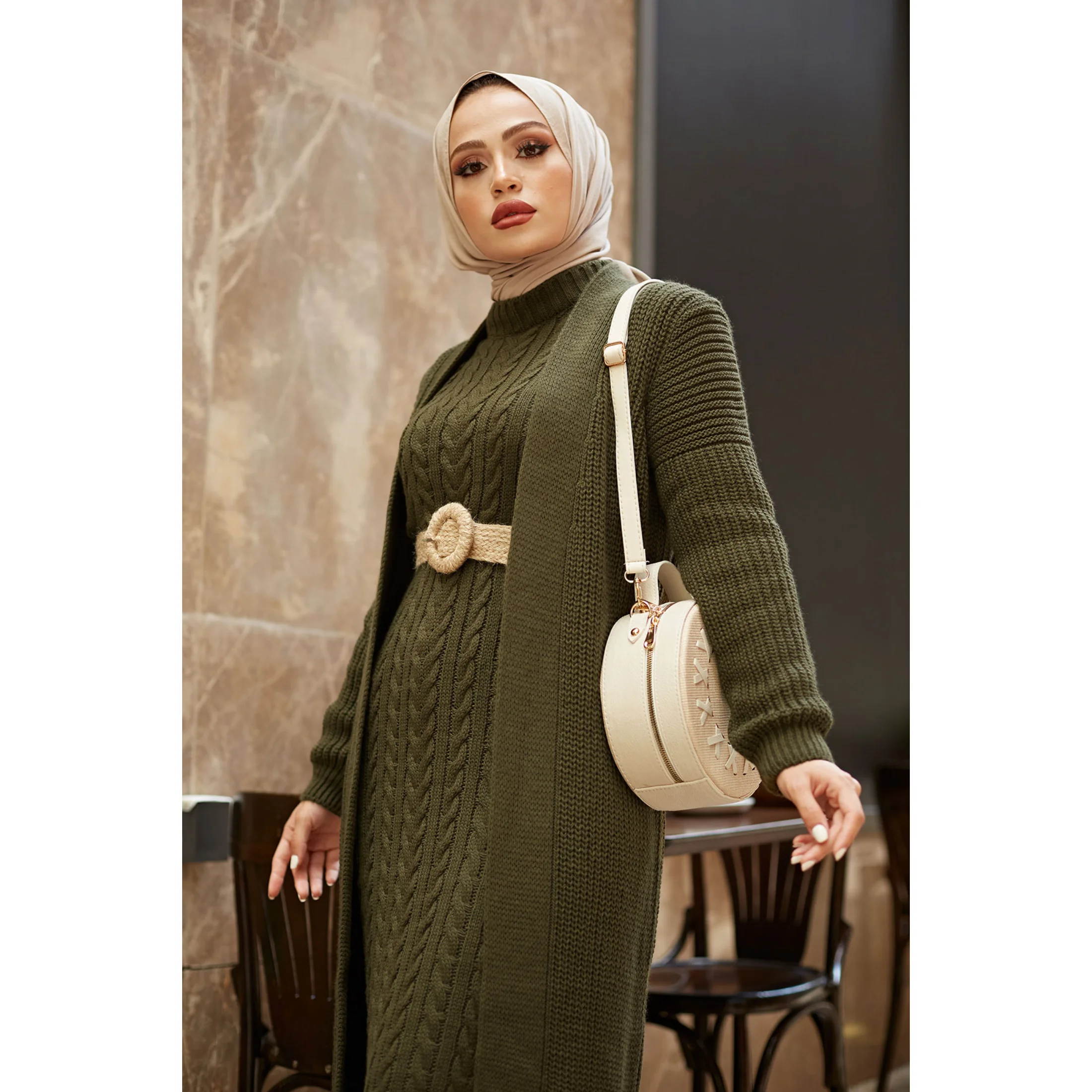 2 Piece Women\'s Knitted Maxi Set For Winter Half Turtleneck Long Sleeve Knitwear Dress and Cardigan Muslim Fashion Hijab