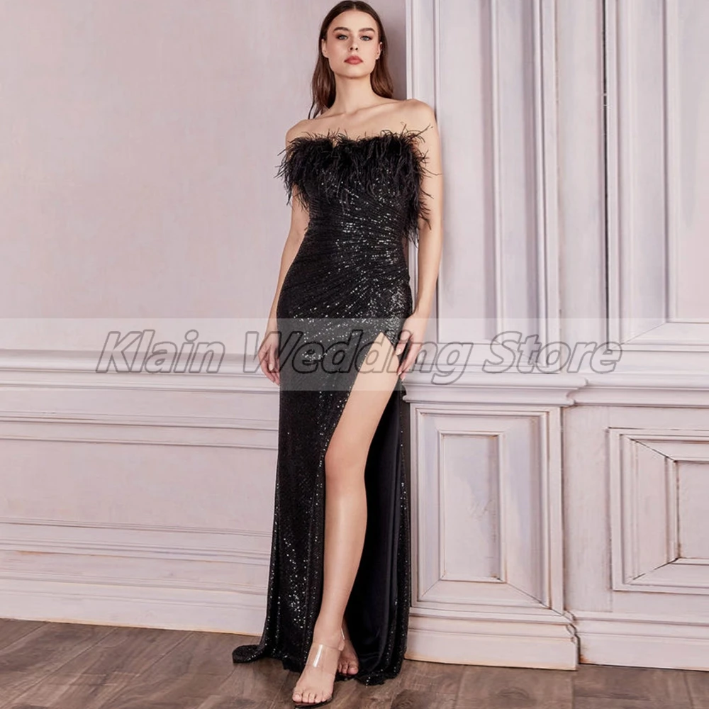 Customized Exquistie Black Sequined Evening Dresses Strapless Sleevless Banquet Gowns Long Side Slit Prom With Feather Custom Ma