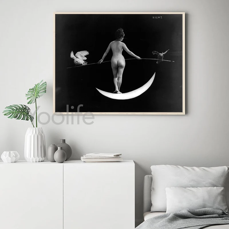 Moon Goddess Art Print Crescent Moon & Stars Painting Canvas Poster Celestial Night Sky Wall Picture Dark Gothic Academia Decor