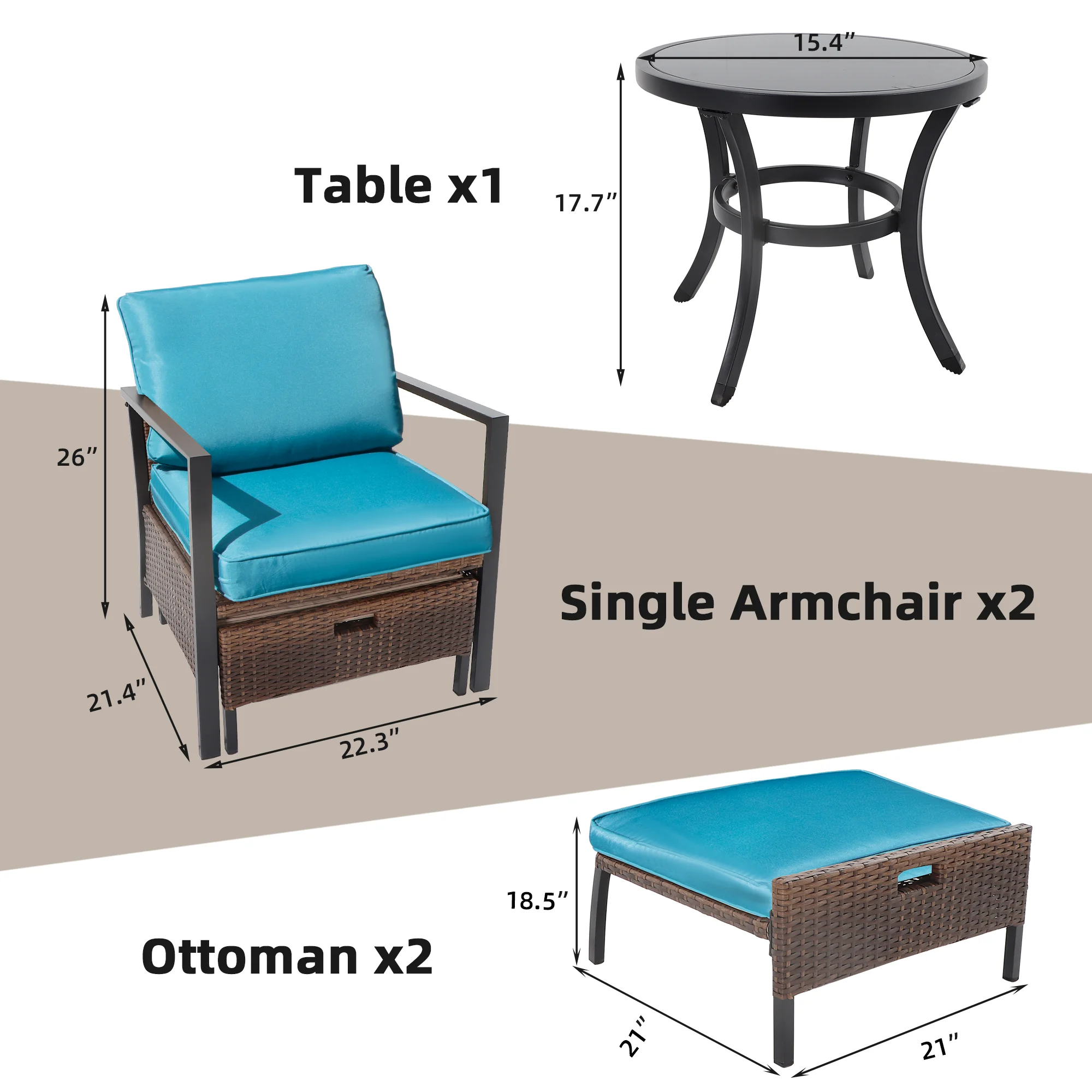 5 PCS Luxury Patio Conversation Set W/Ottoman Outdoor Wicker Rattan Furniture Set Comfortable Lounge Chair+Glass Top Side Table