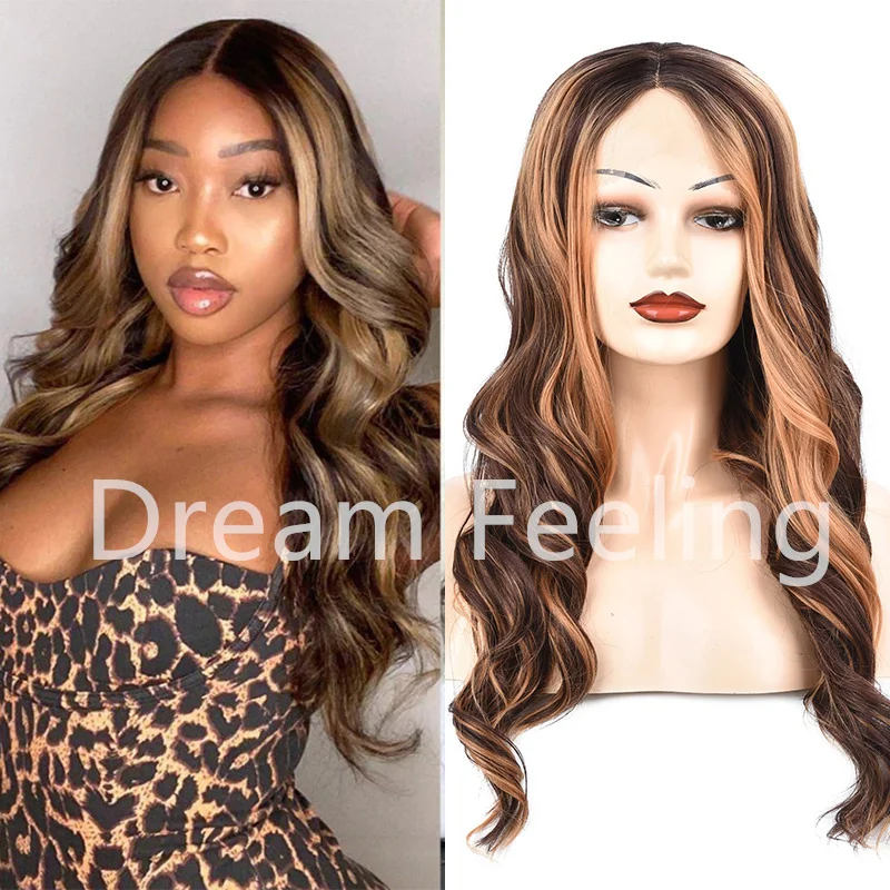 

Highlights Wig Brown Wavy Lace Front Wigs for Women Brown Mixed Blonde Synthetic Middle Part Hair Wigs Daily Party Use