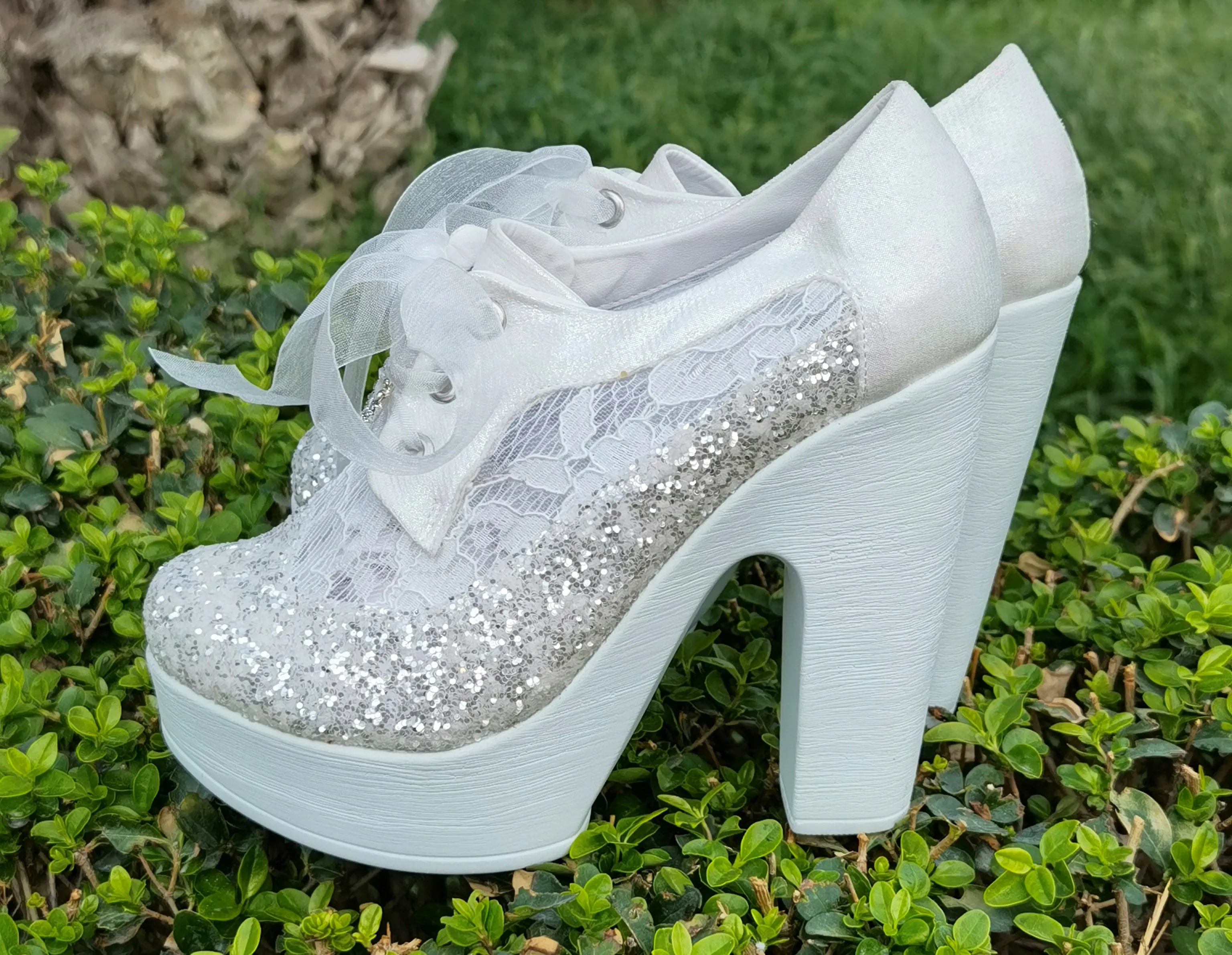 Bridal Shoes White Glitter 12CM heel , Lace Heel Bridal Shoes Platform Bridal Shoes Comfortable Bridal shoes