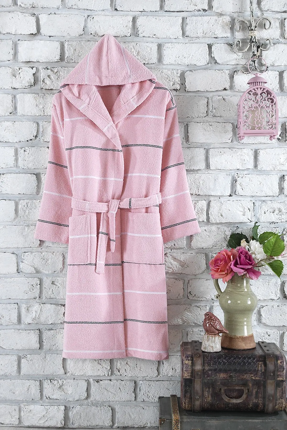 

Cotton Pink Quality Bathrobe For Women With Hooded And Belt Towel Velvet Patterned Nightrobe Sleepwear Bath Robe Made In Turkey