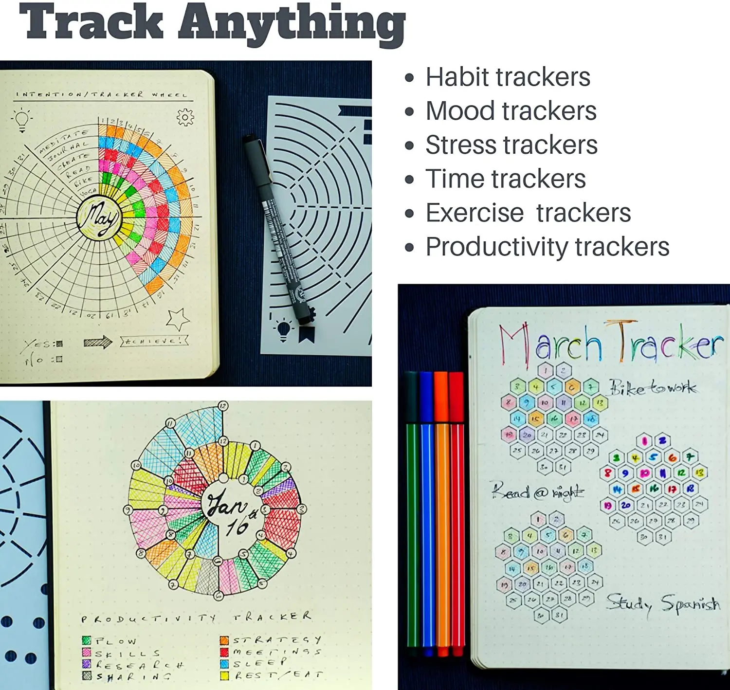 6Pack Reusable Ultimate Productivity Journal Stencil Set DIY Templates to Create Calendars, Lists, Letters, Numbers, Habit Track