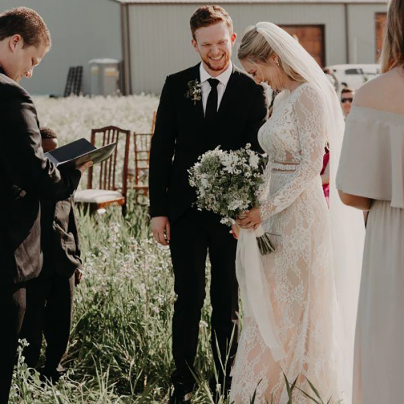 Robe de mariée en dentelle VINTAGE, manches longues, dos nu, sirène, Champagne, fête de mariage, sur mesure, Photo réelle, prix d'usine, #1023