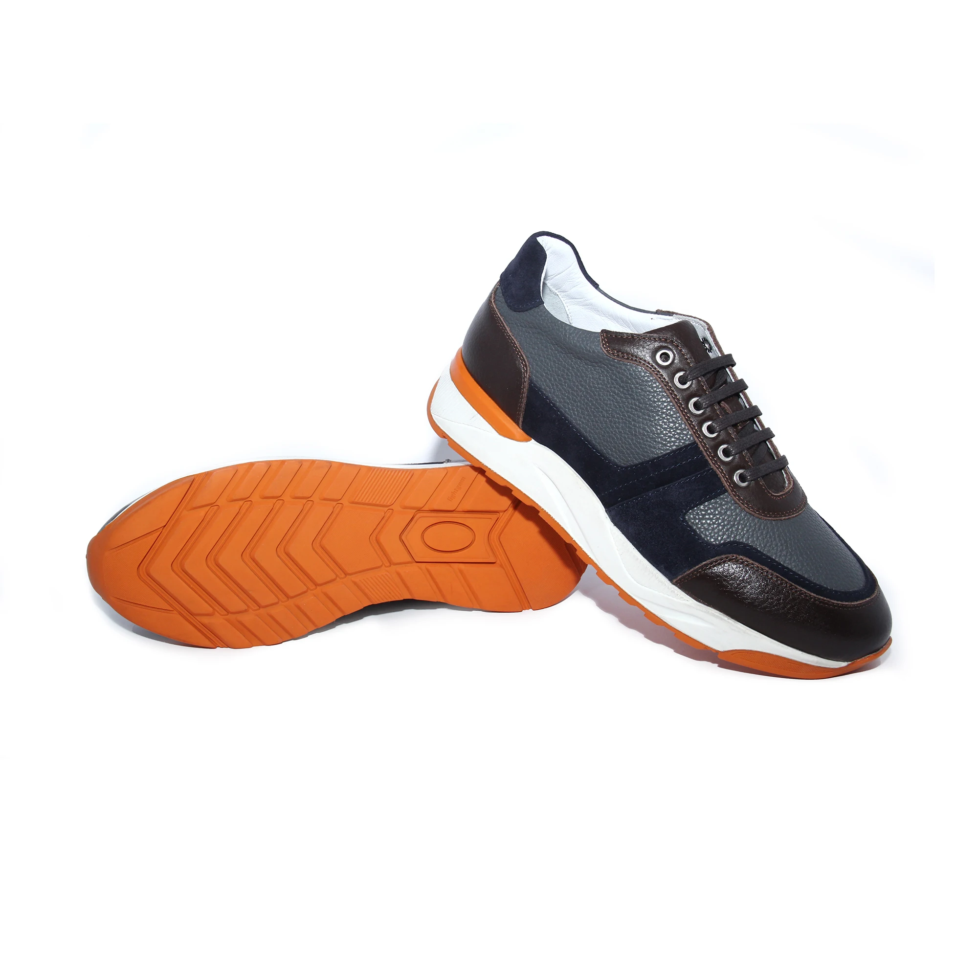 Handmade Sport Sneakers, Calf Leather & Suede, Brown Gray Navy Blue Orange, Men's Training Shoes, New Footwear Collection