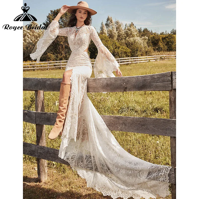 Mermaid Boho Bohemian Wedding Dresses Beach Lace Long Flare Sleeve Split Middle Open Back Bridal Gown Customized Roycebridal