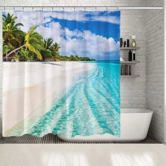 180 X200cm BATHROOM Vintage Wood Board Door Pattern Coffee Color Shower curtain Rocky Wave Sea Night Landscape Moon Cloud Ethnic