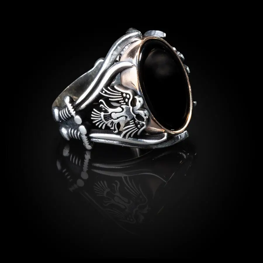 

Oval Black Onyx Gemstone Men Silver Ring Sword Model Men Ring Double Eagle Style Men Jewelry Animal Silver Ring