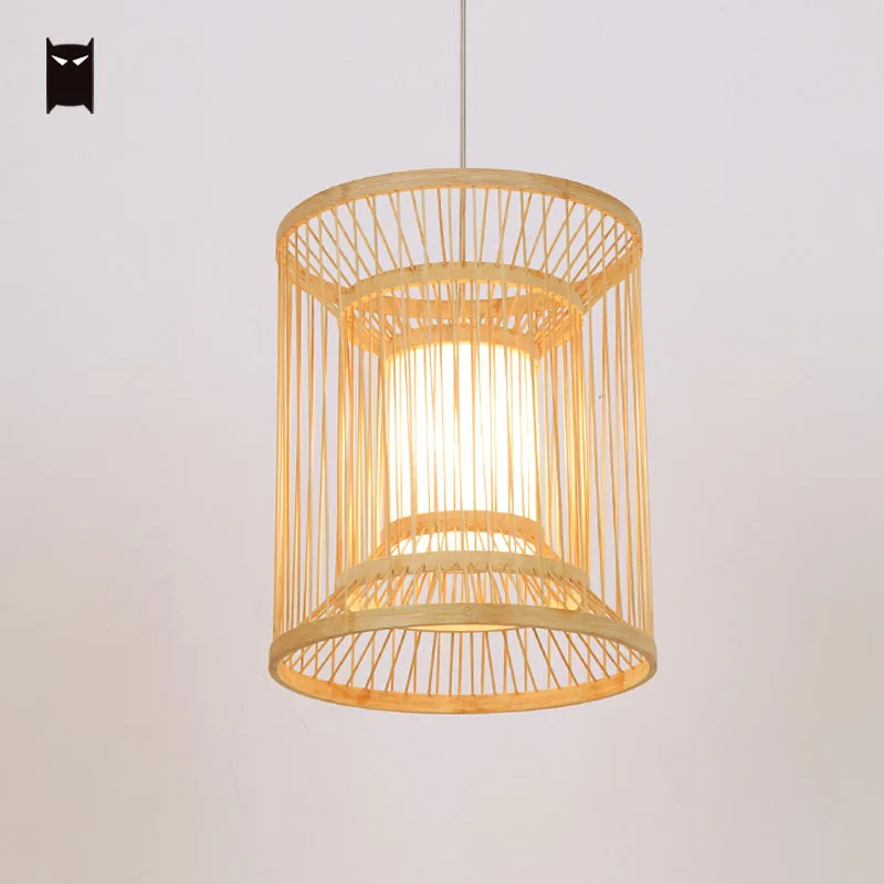 Bamboo Wicker Ratan Cage Pendant Light Fixture Natural Handmade Country Vintage Nordic Minimalist Hanging Ceil Lamp Farmhouse