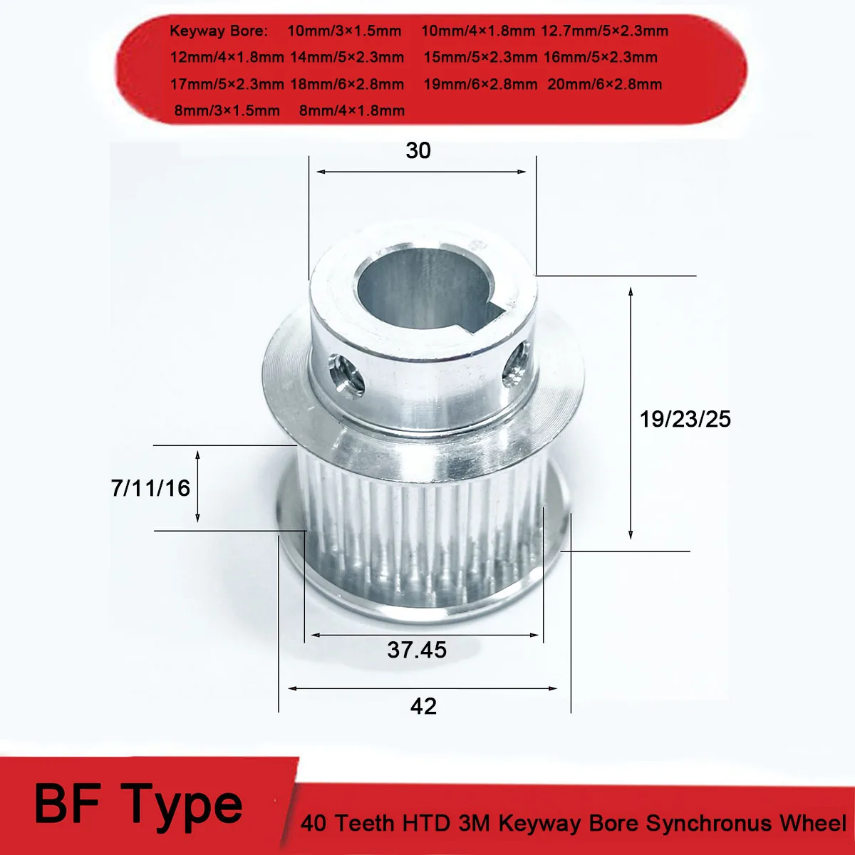 

1Pcs BF Type 40 Teeth HTD 3M Aluminium Timing Pulley 8 - 20mm Keyway Bore Synchronus Wheel For Width 6/10/15mm Timing Belt