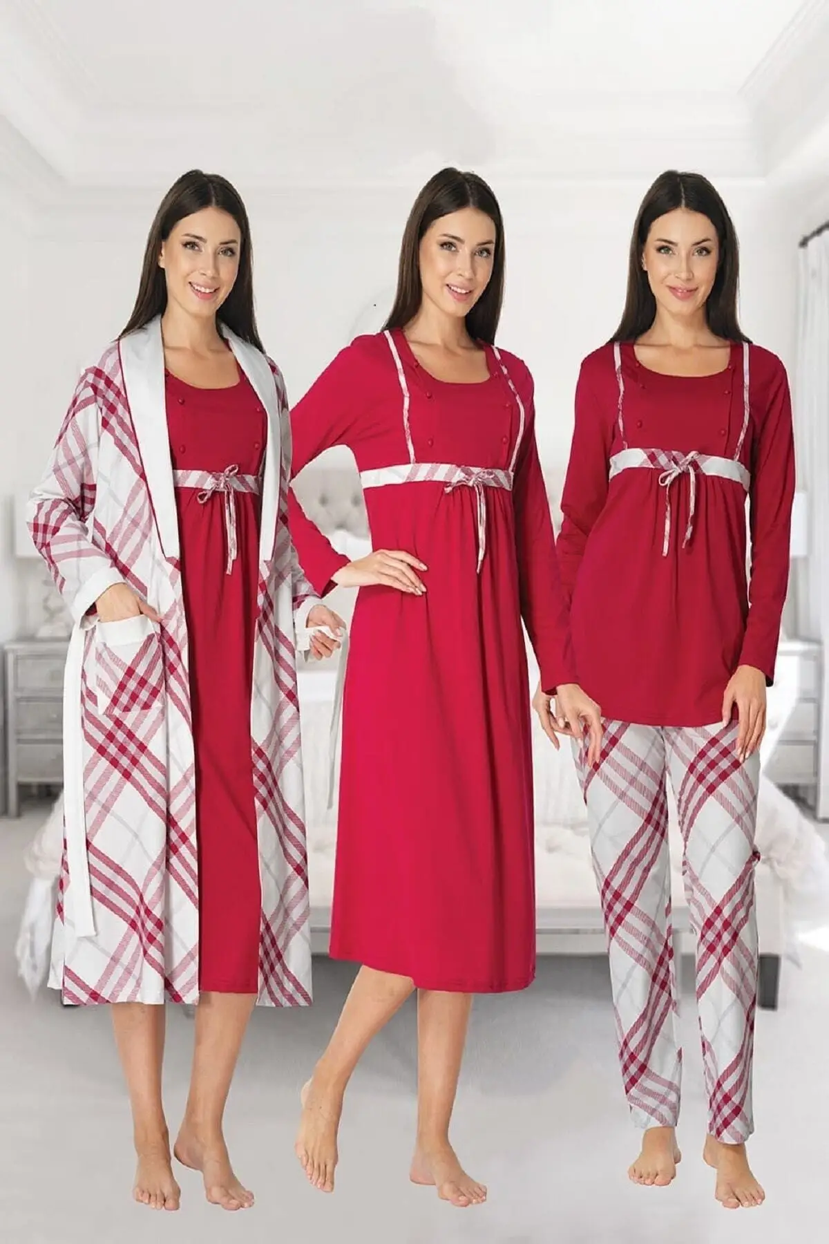 Lohusa Dünyasi Women Plaid Long Sleeve Nightgown Pajamas Set 4-Piece Gray Red Gray Navy Blue Pink Blue