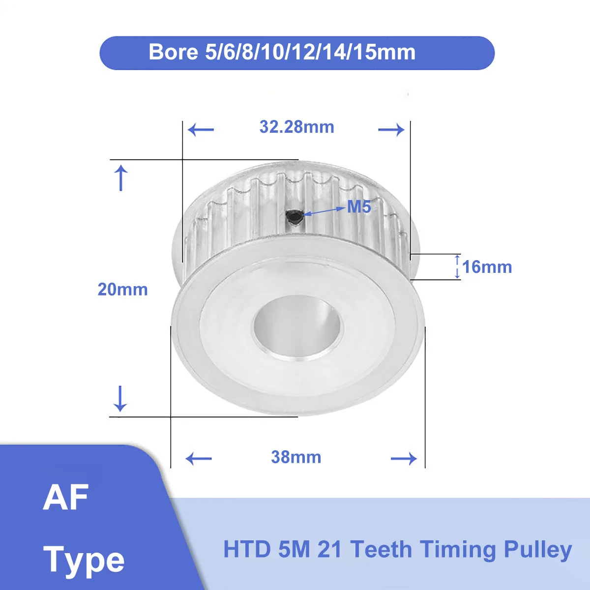 

HTD 5M 21 Teeth 16mm Width Timing Pulley Synchronus Wheel Bore 5/6/8/10/12/14/15 Aluminium Idler Pulley For HTD5M Timing Belt