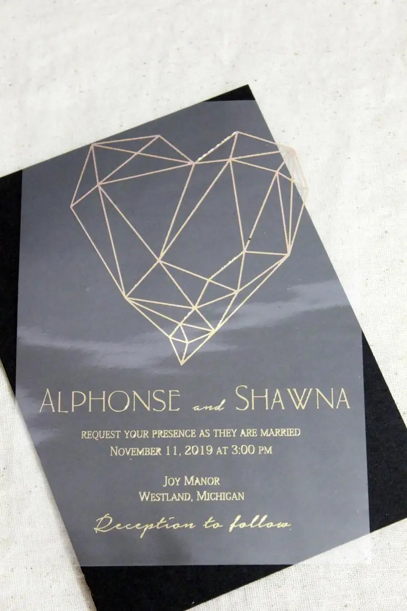 Geometric Heart wedding Invitations, clear invitations, gold foil wedding invitation, unique wedding invitation sets, Invitation