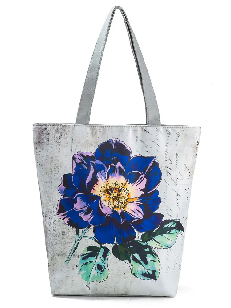 Elegant Blue Flower Printed Handbags All-match Shoulder Bags Vintage Tote Bags For Women Large Shopper Practical Gift Lunch Bags