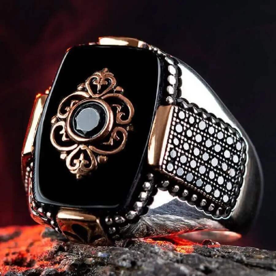 Mini Stone Engraved Black Onyx Stone Silver Men's Ring Fashion Turkish Premium Quality Handmade Jawelery