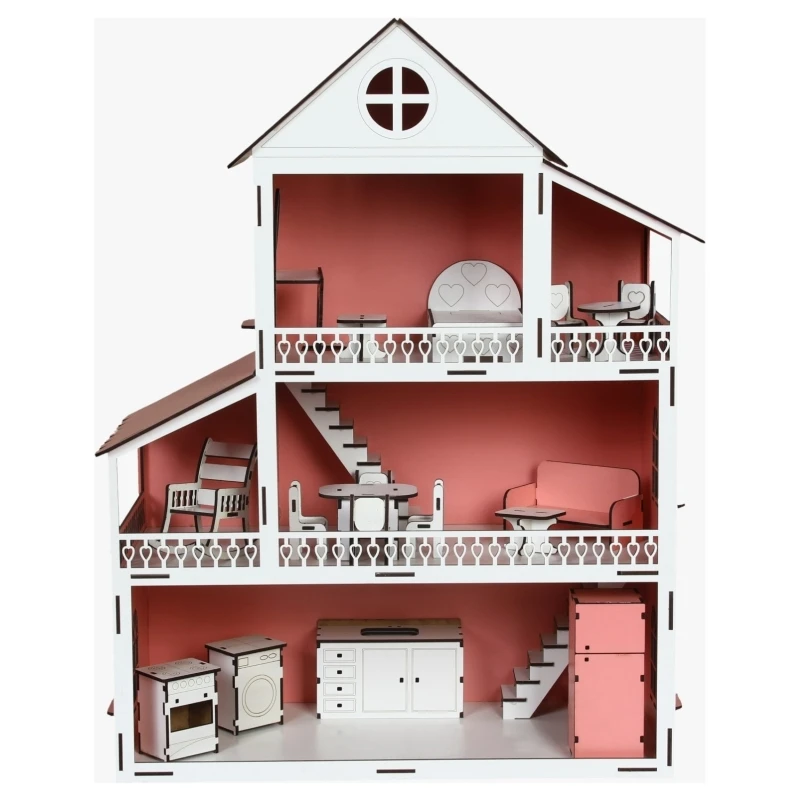 

Wooden Play House Villa 3 Layer Pink White Game House Toy House Decorative Natural Material