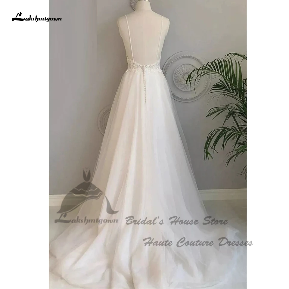 Prinzessin Strand Brautkleider für Braut Spaghetti träger 2024 Robe Mariee schicke Spitze Applikation V-Ausschnitt Boho Brautkleid offener Rücken