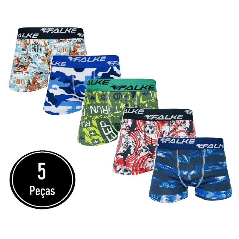 5 Kit Children's Underpants Box Boxer Microfiber Printed Cotton Lining