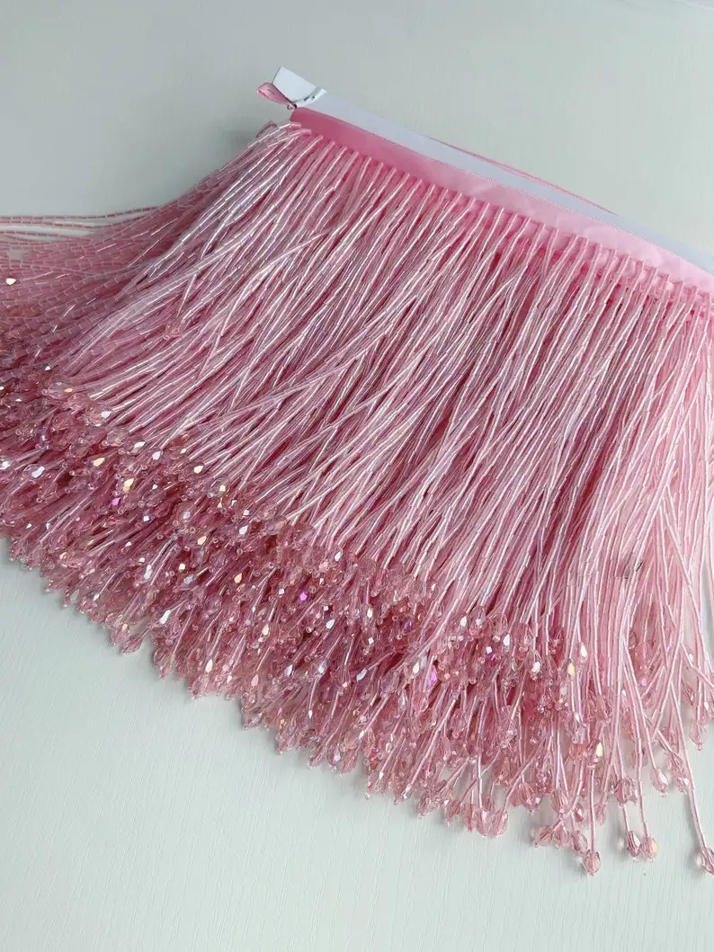 1 yard Pink Bead Fringe Trim For Haute Couture, Dance Costume Trim | 5.9 inches