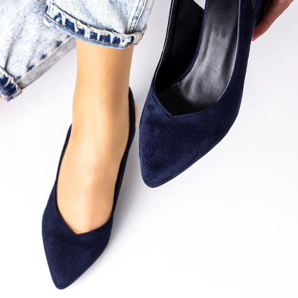 Navy Blue Suede Ankle Strap Women Sandals Pointed Toe Heels for Women Thick Heel Pumps for Women 7 cm Heels Women Ladies Pumps