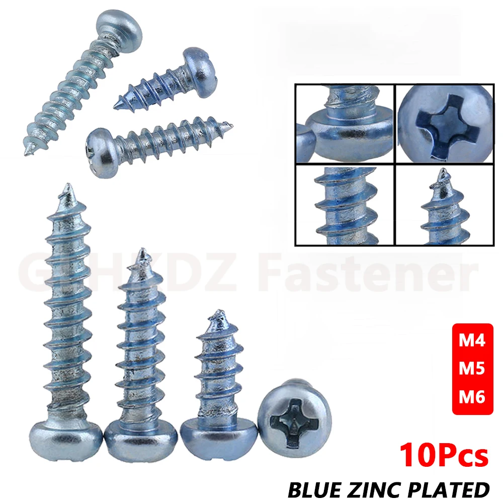 10Pcs M4 M5 M6 PA Pan Round Head Self Tapping Wood Screws Phillips Drive Cross Recessed Bolt 10mm to 50mm Blue Zinc Plated Steel