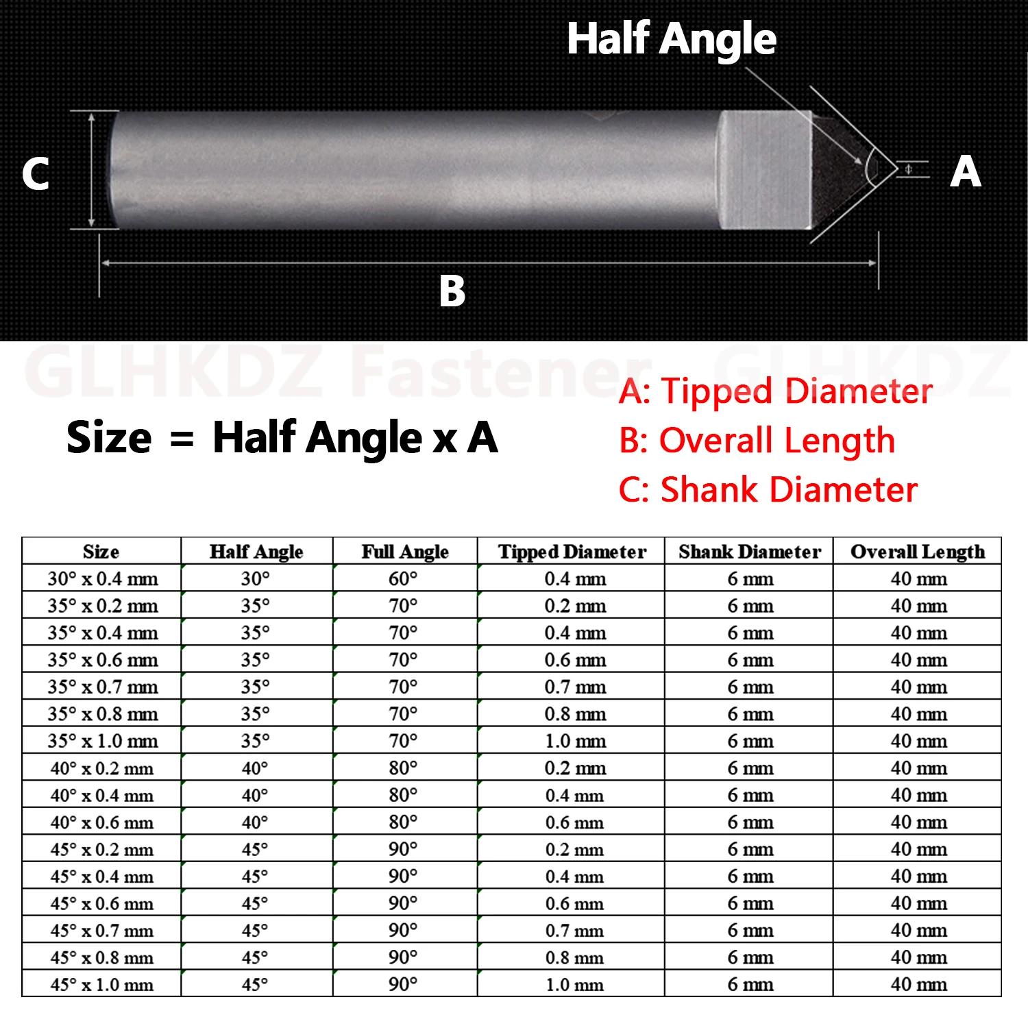 Ø 0.2mm-1.0mm 30/35/40/45 Degree Half Angle PCD Tipped Router Bit V-Shaped Engraving Bit Tapered Cutter for Marble Granite Stone