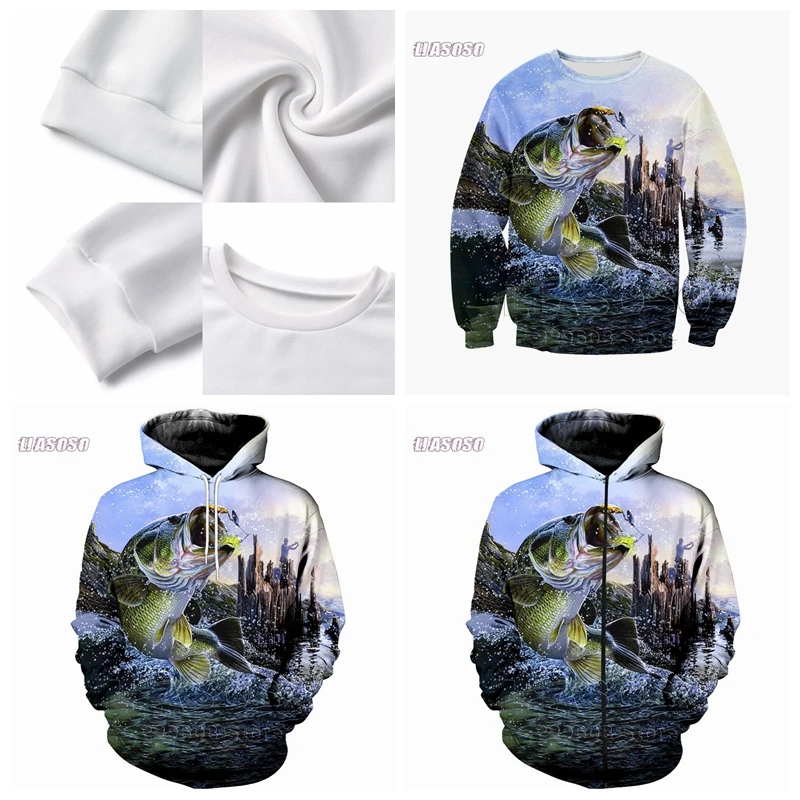 LIASOSO New Fashion All Over Printed Fishing fishing carp Sweatshirt Men Women Zip Hoodie Crewneck Pullover Streetwear