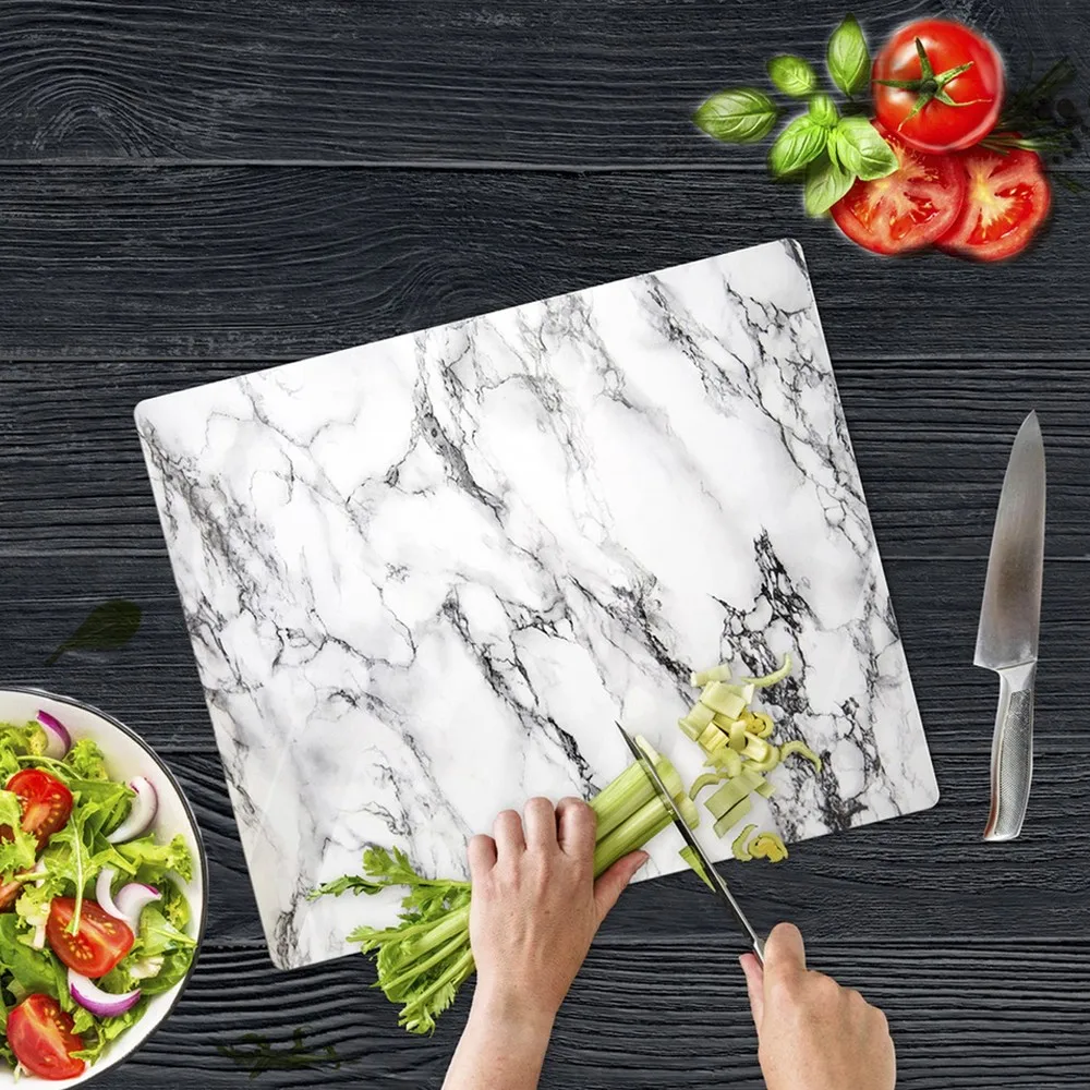 Decorative Glass Cutting Board 30 x 40 cm Glass Cutting Table with Black and White Marble pattern