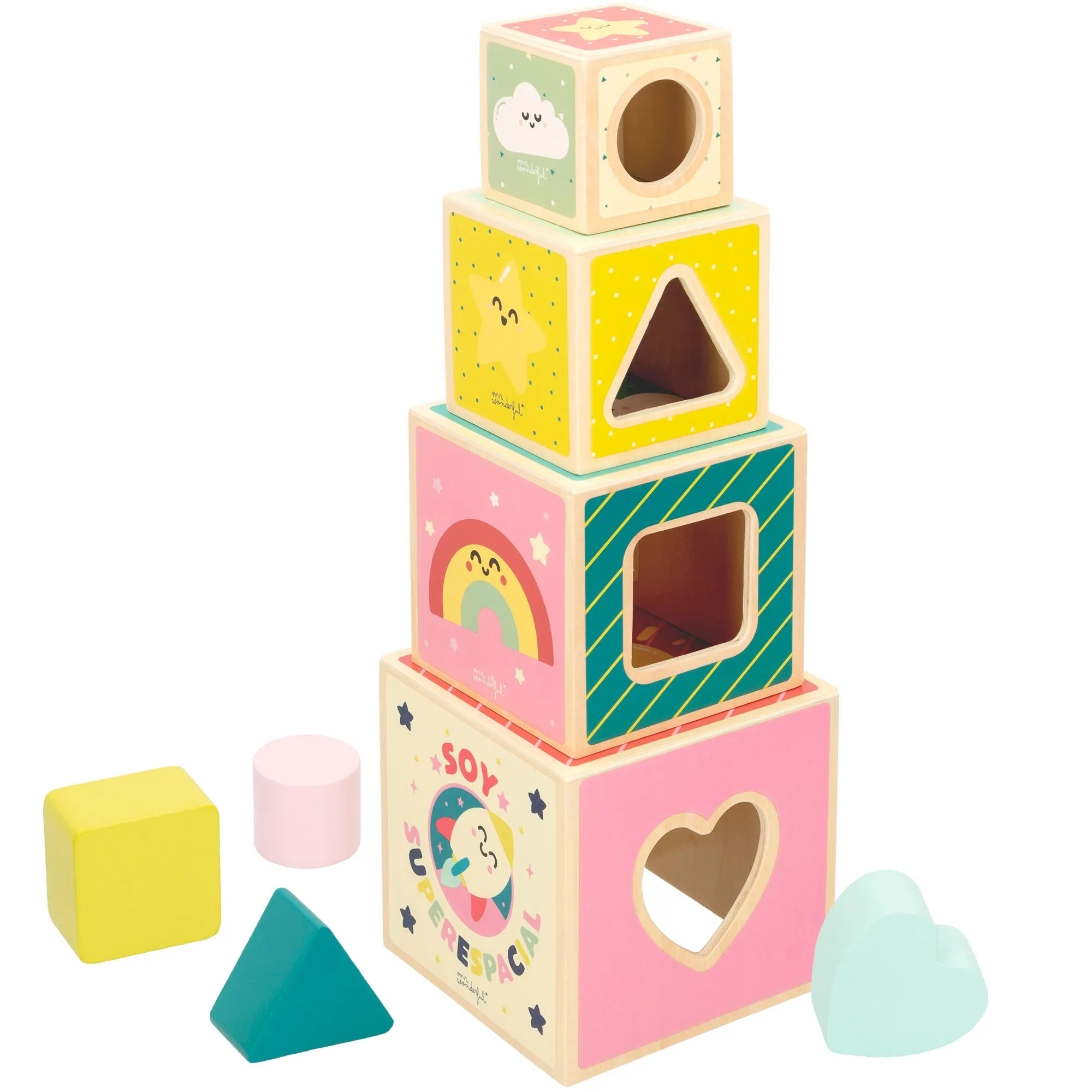 Wooden cube tower WOOMAX Mr Wonderful, wooden baby stacking cubes, Mr cube tower. Wonderful, wooden cubes with shapes, wooden toys, educational toys, toy for kids 1 year, wooden blocks