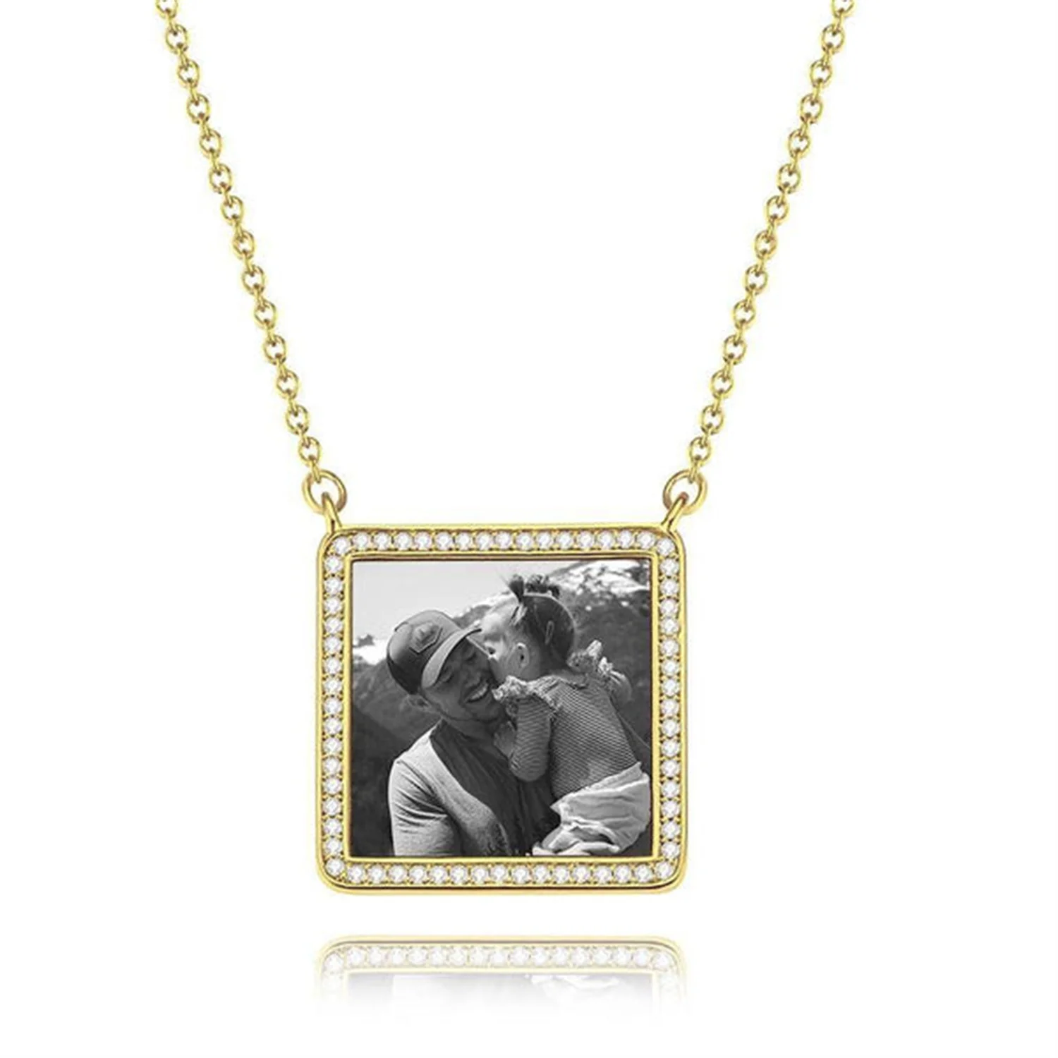 Photo Engraved Necklace Rhinestone Crystal Square Shape Unique Necklace 18K Plated Gold Golden - Photocopying Remembrance Pet