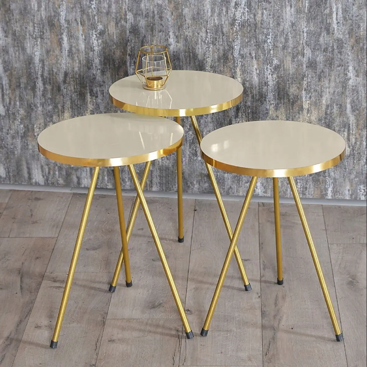 Golden Nesting Table 3-Set Gold Metal Leg Cream Gold Round Living Room Side Table Different Coffee Table Tea table