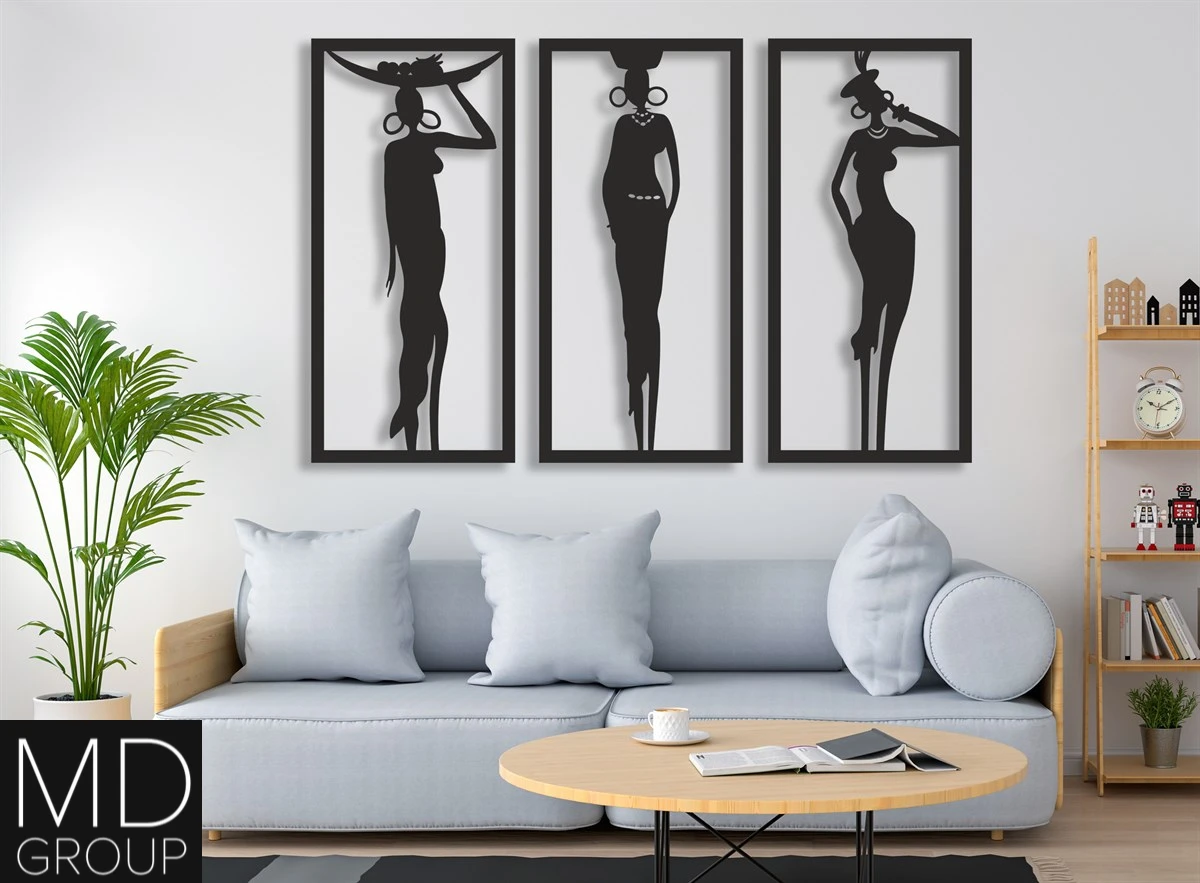 Wood Wall Art and Decoration African Women 3 Pcs Framed Decor Black Color Modern Nature Home Office Living Room Bedroom Kitchen