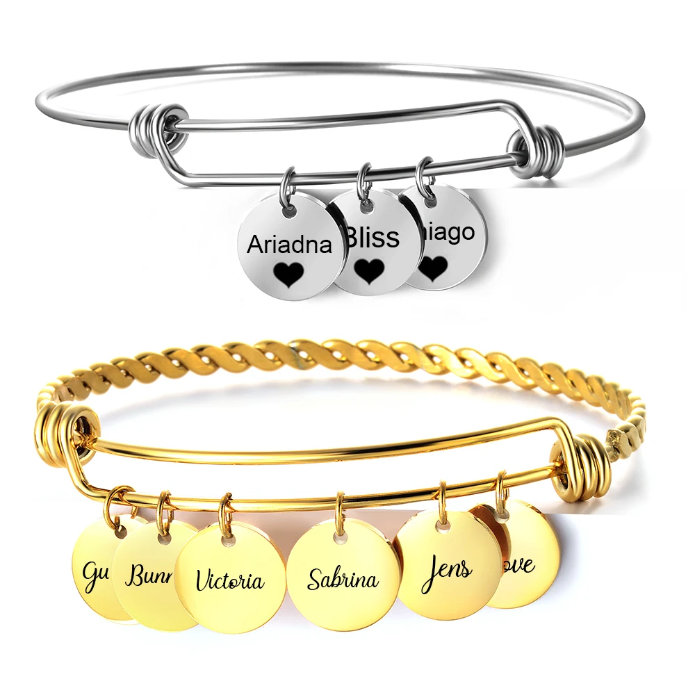 Gold Silver Bracelet for Women Customized Family Name Stainless Steel Jewelry Personalized ID Bangles Small Round Charms Pendant