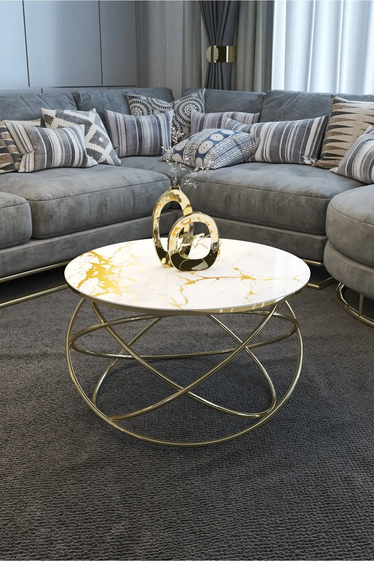 PLANET MODEL YELLOW AND BLACK MARBLE PATTERN STUDY TABLE CENTER TABLE GOLDEN LEG MARBLE PATTERNED UNBREAKABLE GLASS DINING TABLE