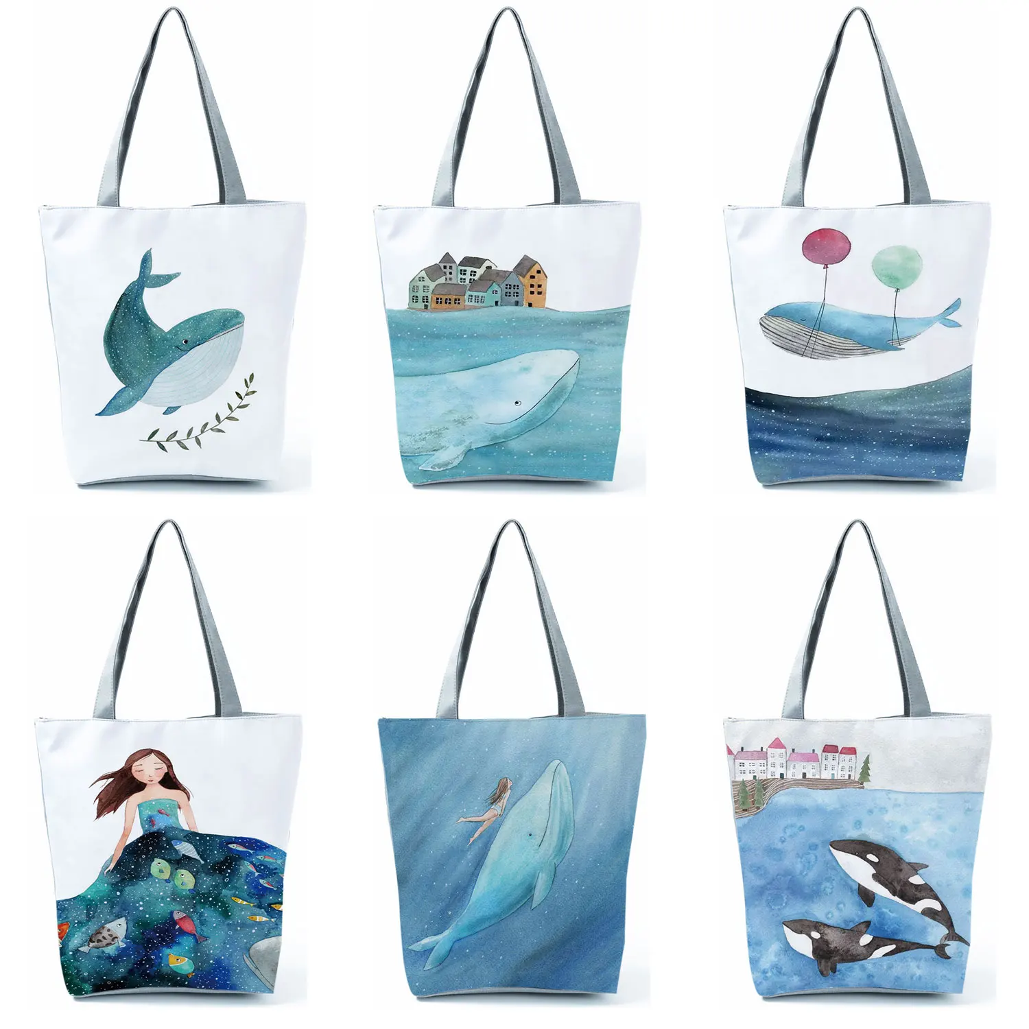 Fresh Printed Cute Whale Sea Series Shopper Bag Blue Ocean Women Handbags Large Capacity Totes Designer Beach Bag Dropshipping