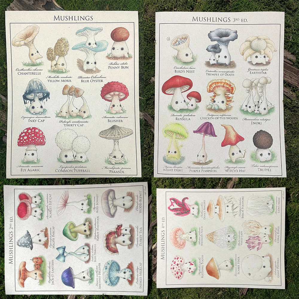 Cute Mushling Identification Posters, Print on Canvas Wall Art, Botanical Fine Art Pictures for Kitchen Room, Home Decor