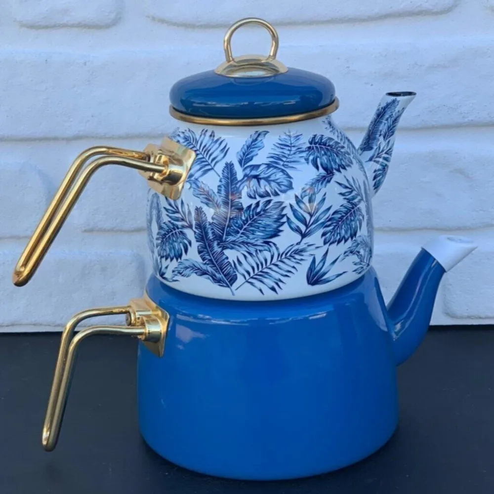 Enamel Gold Luxury Large Teapot Set White Blue Leaf Pattern