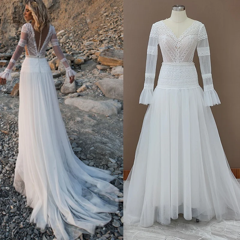 10027#Gorgeous V Neck Long Sleeve Sheer Button Back Bohemian Lace Wedding Dress Appliques Tulle A Line Bridal Gown Sweep Train