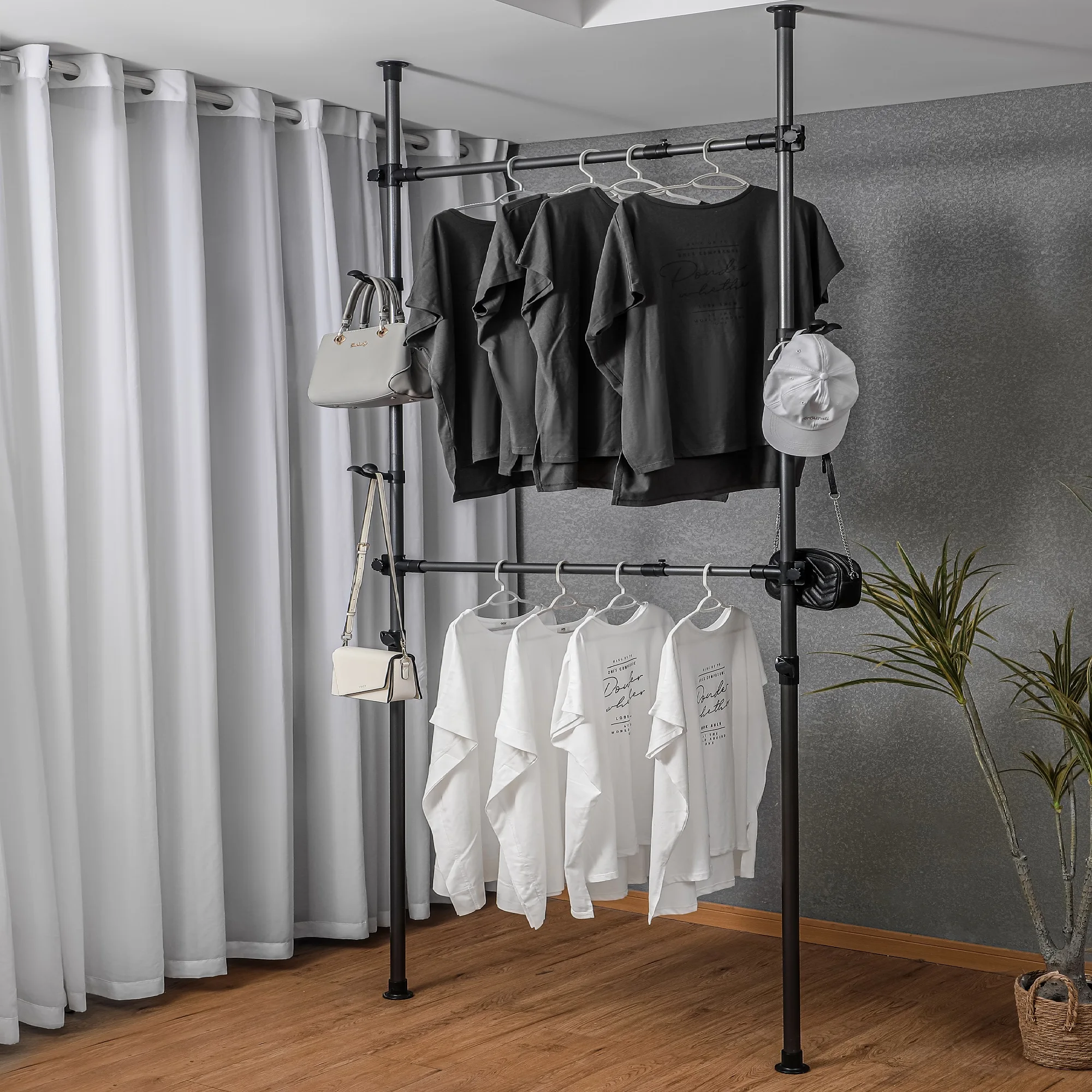 Adjustable Clothing Rack Double Rod Clothing Rack 2 Tier Clothes Hanger for Hanging Clothes Closet Rack Freestanding Black/White