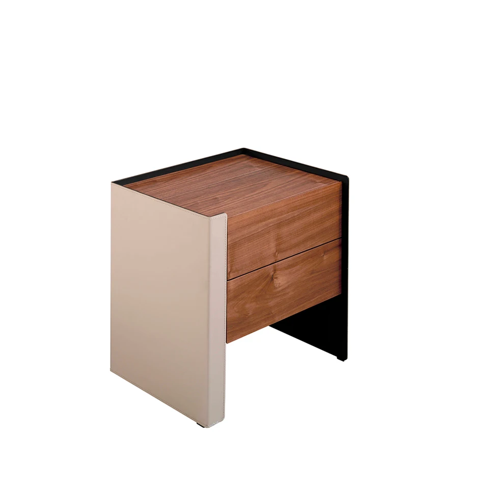 Bedside Table 7118 Angel Cerdá-bedside table with drawers and structure walnut-plated wood and recycled leather.