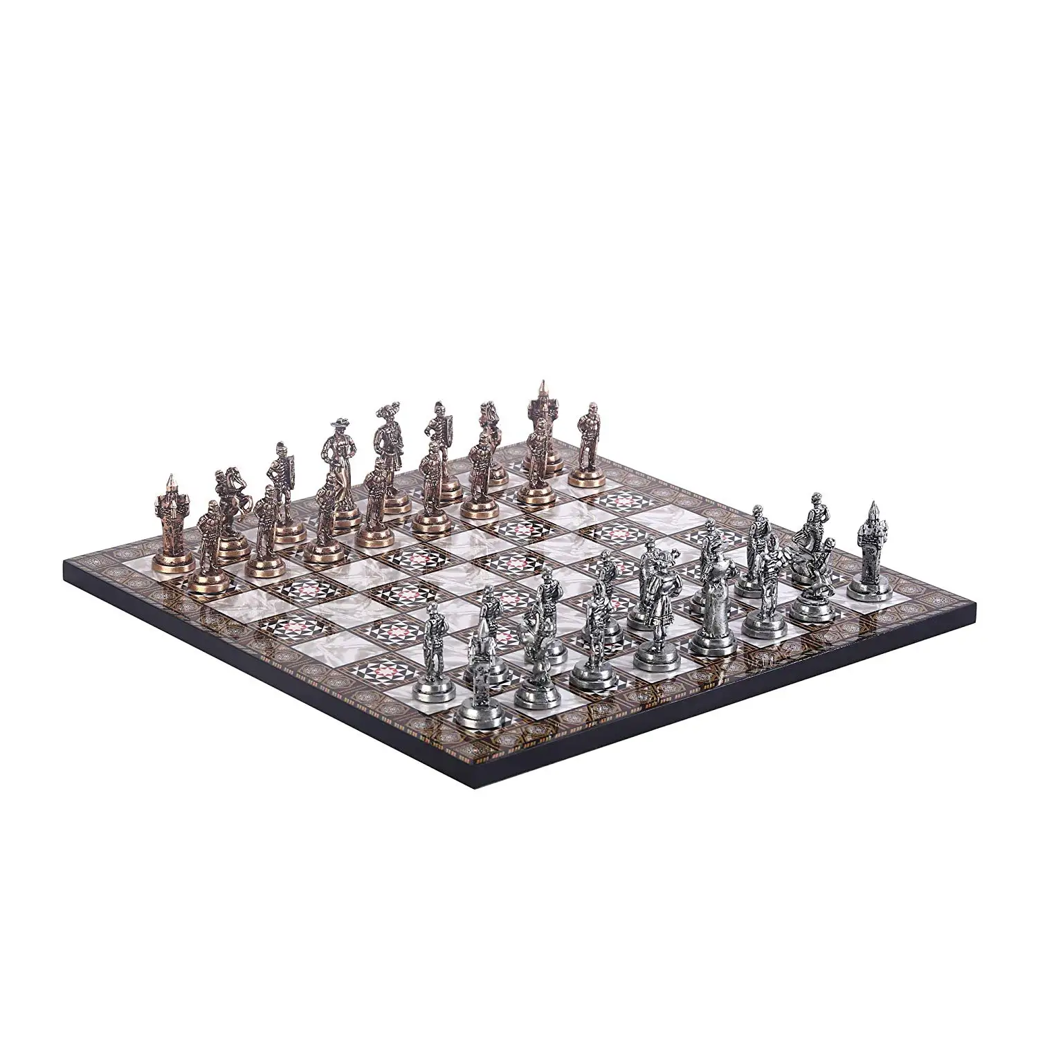 

Historical Spanish Royal Guards Metal Chess Set,Handmade Pieces,Mother-of-Pearl Patterned Wood Chess Board King 7 cm