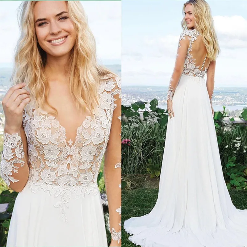 Bohemian Cổ Chữ V Voan Áo Cưới 2021 Ren Appliques Hở Lưng Dài Tay Càn Quét Tàu Cô Dâu Váy Áo Dây De Mariée Ảo Ảnh