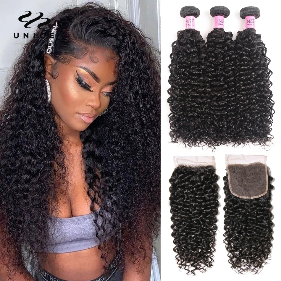 UNice Hair Curly Weave Human Hair 3 Bundles With Closure 4PCS Brazilian Hair Weave Bundles with Lace Closure Curly Hair Products