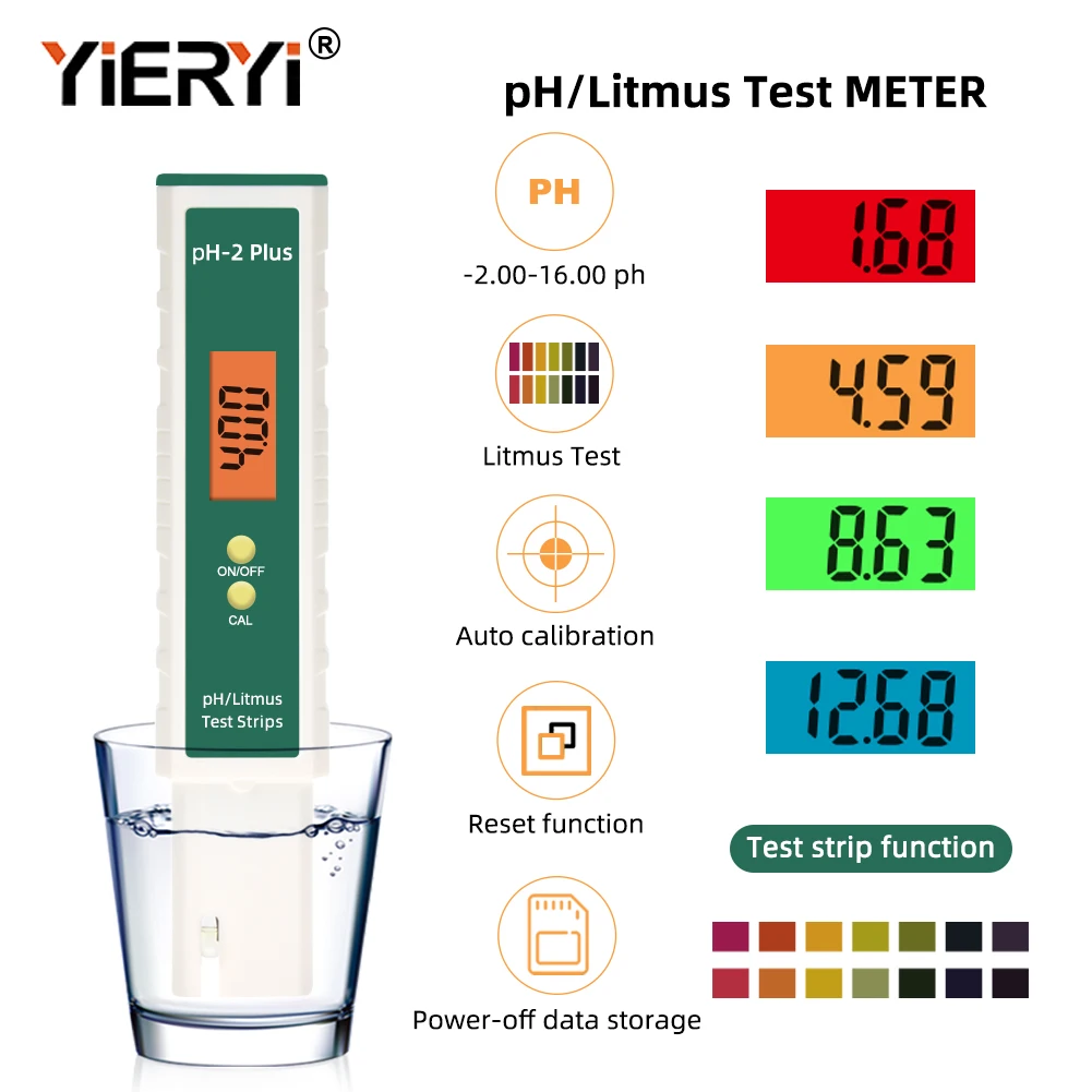 

Yieryi New PH-2Plus PH Meter Digital Litmus Ph Water Quality Test Pen -2.00-16.00 for Swimming Pool Drinking Aquarium Laboratory