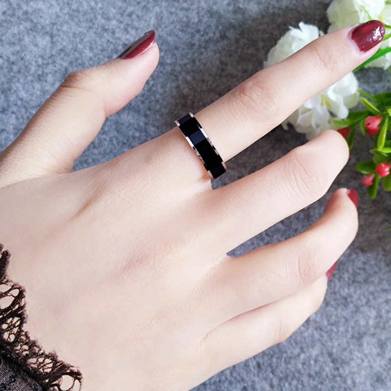 Classic Black White  Ceramic Titanium Steel Lovers Simple Finger Rings for Women/Men Cubic Wedding Engagement Custom name