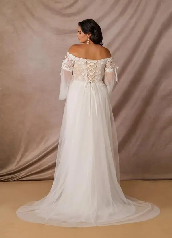 CloverBridal Off Shoulder Half Flared Sleeves Lace Tulle Plus Size Wedding Dress Bride Formal Civil Wedding Gown WW8282