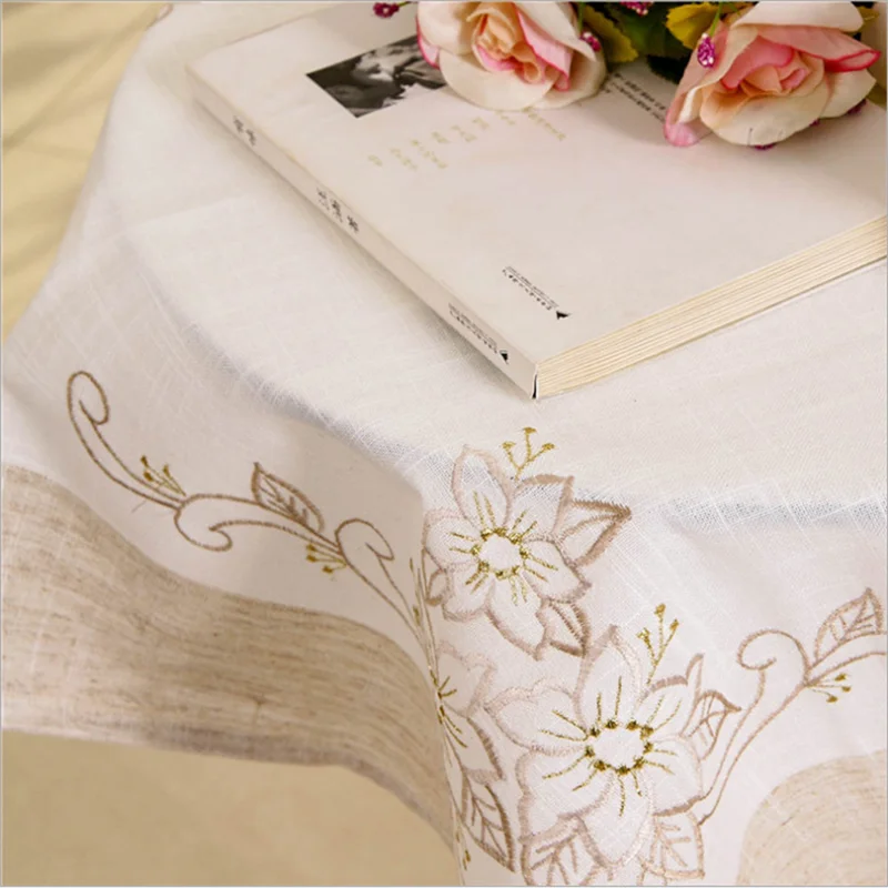 EMDKONI Simple pastoral style tablecloth embroidery household fabric embroidery gold thread linen tea table table cloth