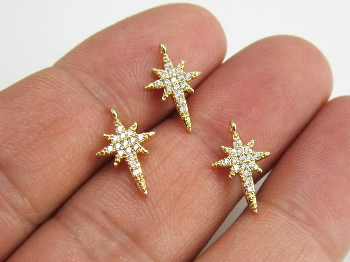 6pcs CZ North Star Charms, Earring Charms, Real 14K gold plated, Earring Accessories, Necklace pendant, Jewelry Making G028